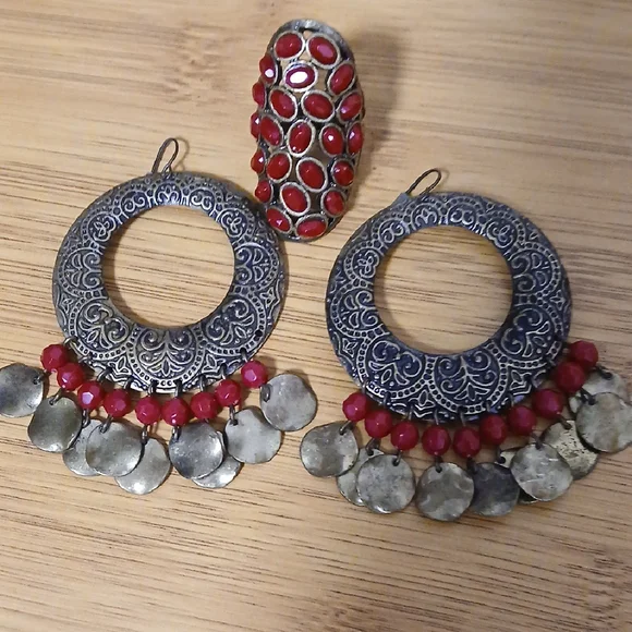 Red and Silver Tassel Crescent Earrings - Picture 5 of 7